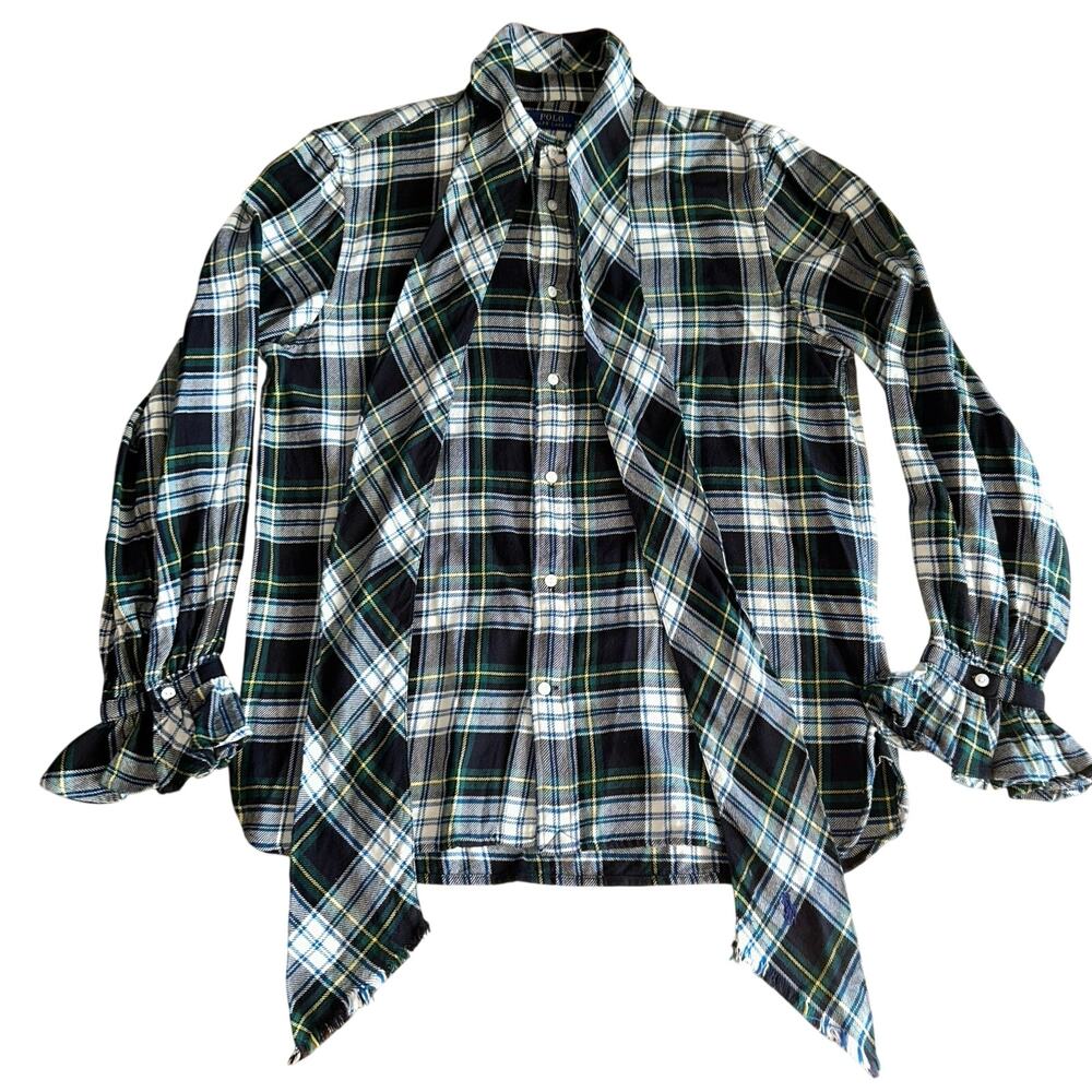Polo by Ralph Lauren Plaid Tie-Neck Top in Navy, Green & White